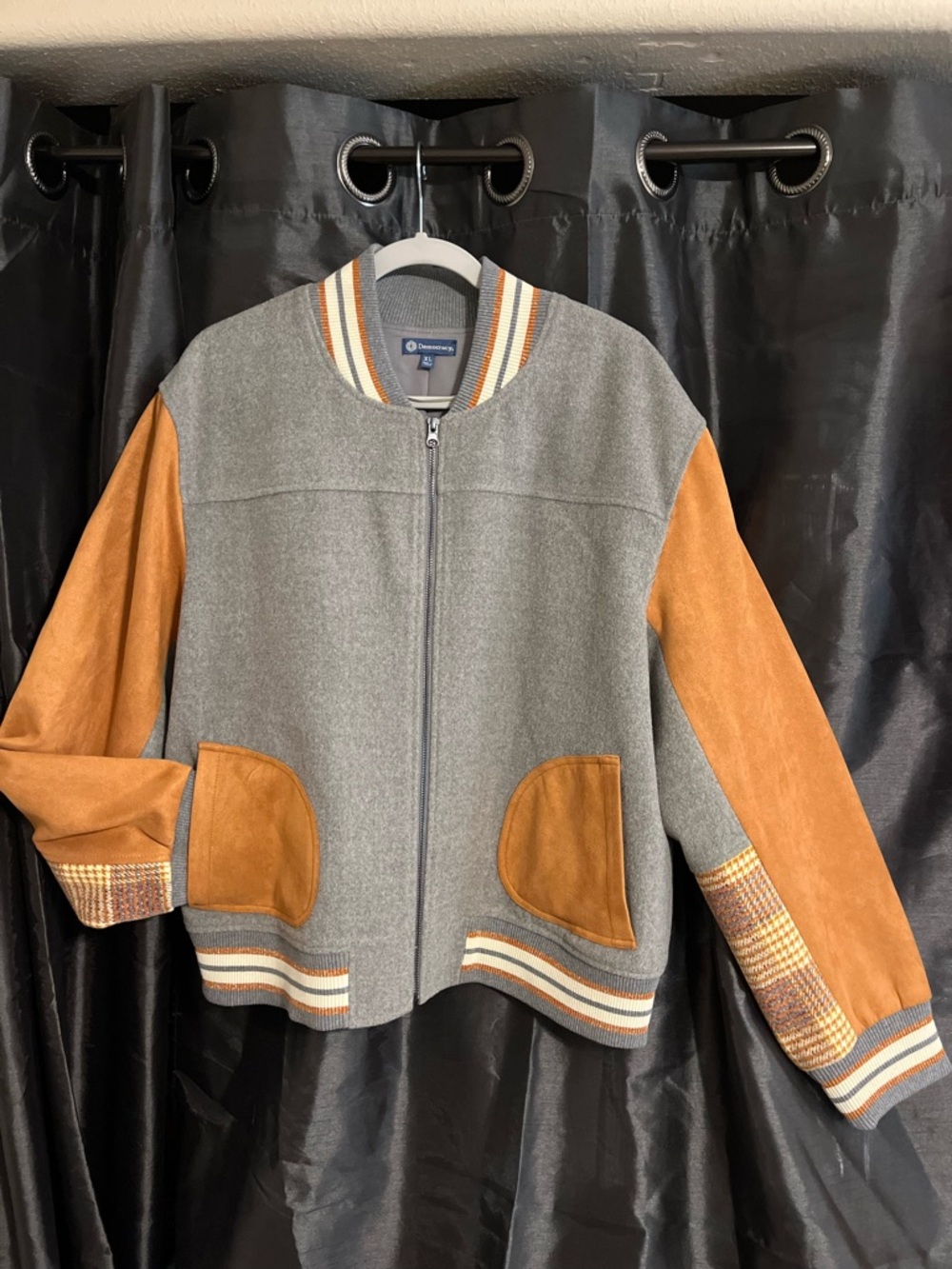 Grey and Camel Bomber Style Jacket with Cream Accent Stripes by Democracy